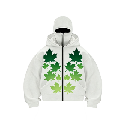 Green Gradient Maple Leaf Pattern Full-Zip Hoodie