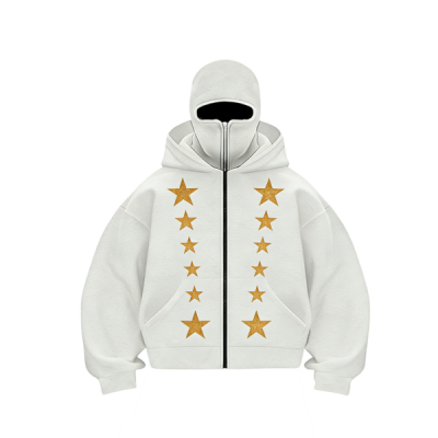 Glitter Gold Star Pattern Full-Zip Hoodie (Oversized Fit)